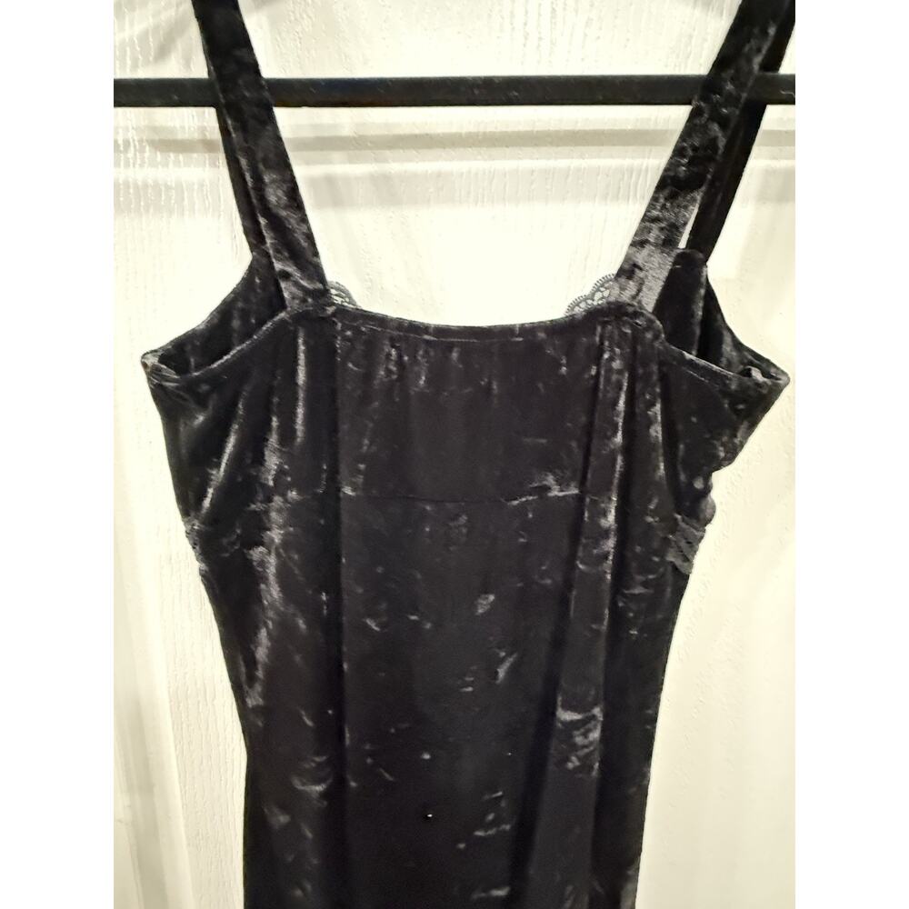Y2K Crushed Velvet Bodycon Mini Dress Black Lace Trim Sz 2 Slip Dress 90’s Goth - Picture 6 of 12